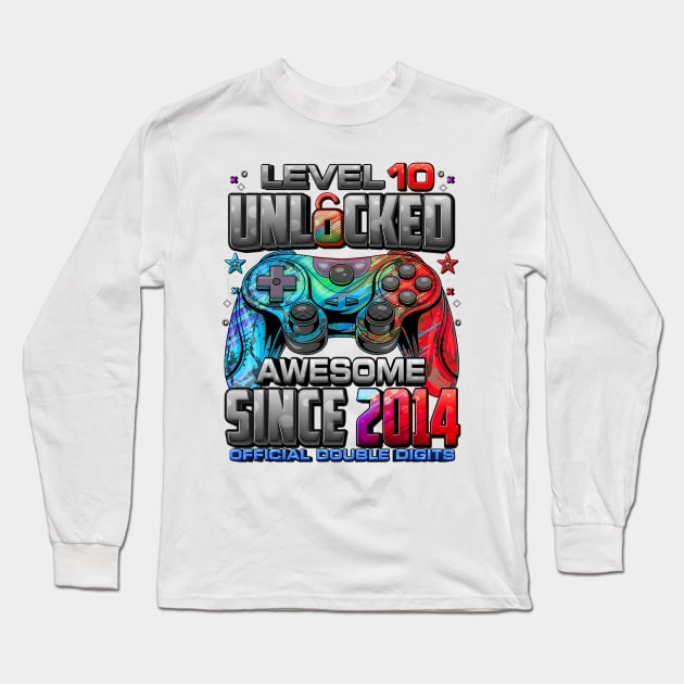 Level 10 Unlocked Awesome Since 2014 10th Birthday Gaming Long Sleeve T-Shirt by Mitsue Kersting